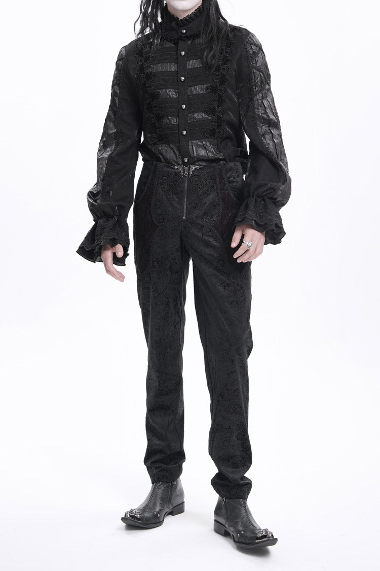 Black Floral Branded Print Embroidery Zipper Men's Gothic Pants - Product - 5