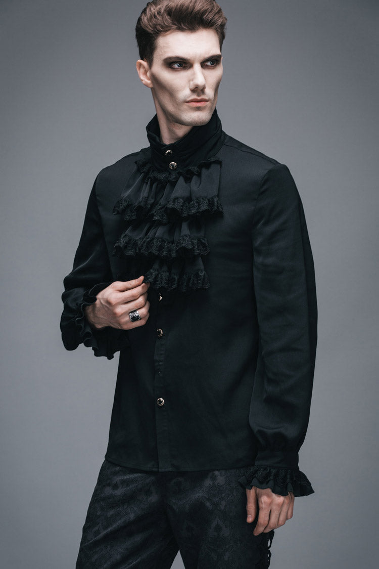 Black Ruffled Lace Button-Up Micro-bullet Chiffon Long Sleeve Men's Gothic Shirt - Product - 3