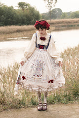 Ivory [Ode to Plenty] Berries and Birds Print Ruffle Bowknot Velvet Classic Lolita Breast Support Jsk Dress - Product - 2