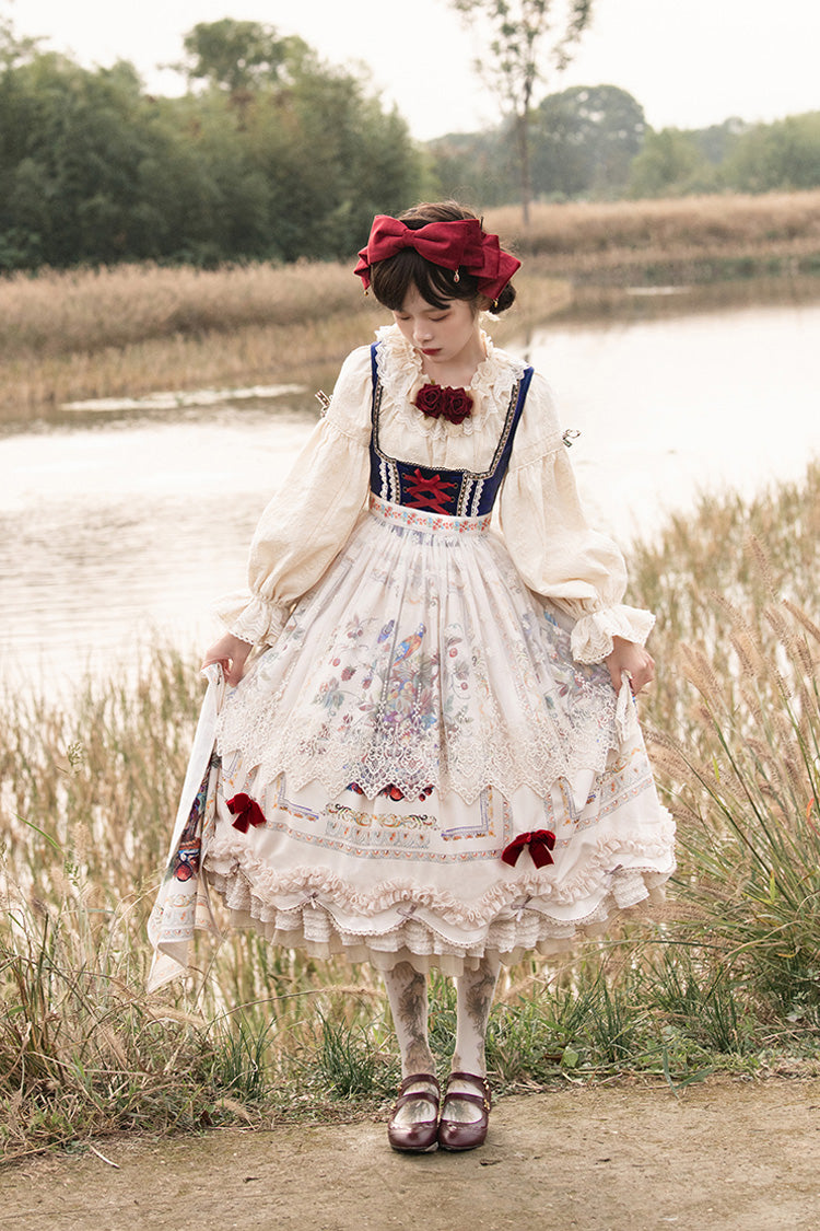 Ivory [Ode to Plenty] Berries and Birds Print Ruffle Bowknot Velvet Classic Lolita Breast Support Jsk Dress - Product - 2