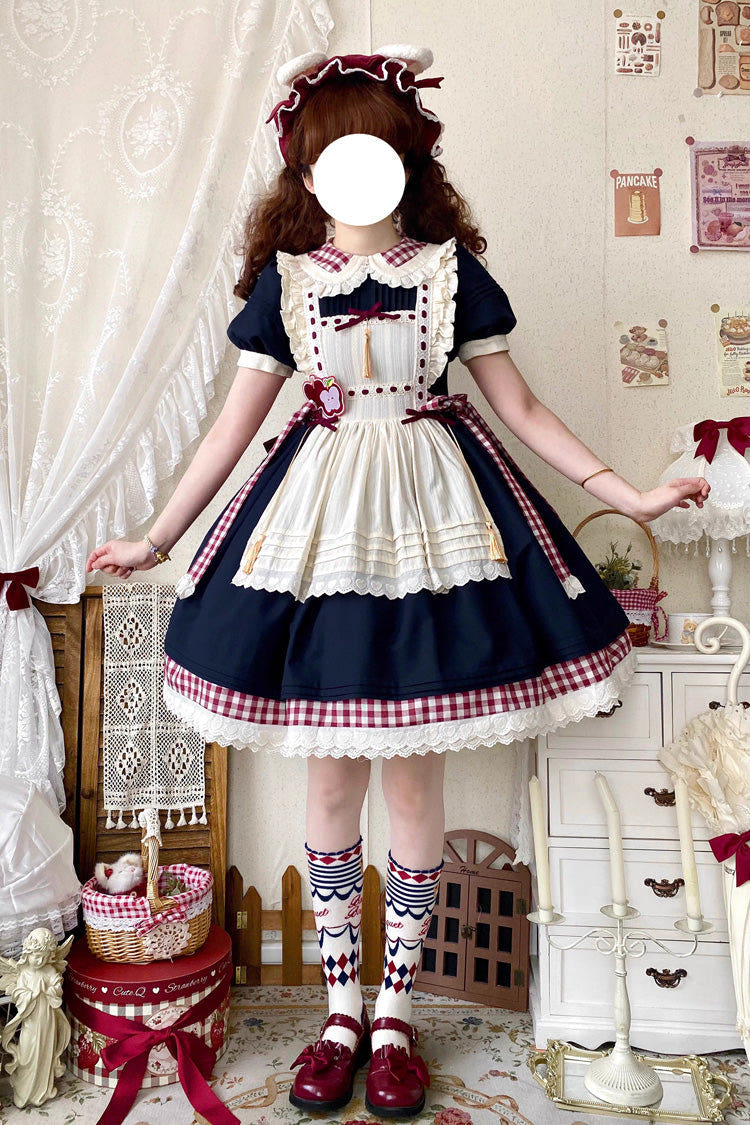 Blue/White [Alice's Picnic] Doll Collar Short Sleeves Printed Ruffled Sweet Lolita Dress - Blue/White - 1