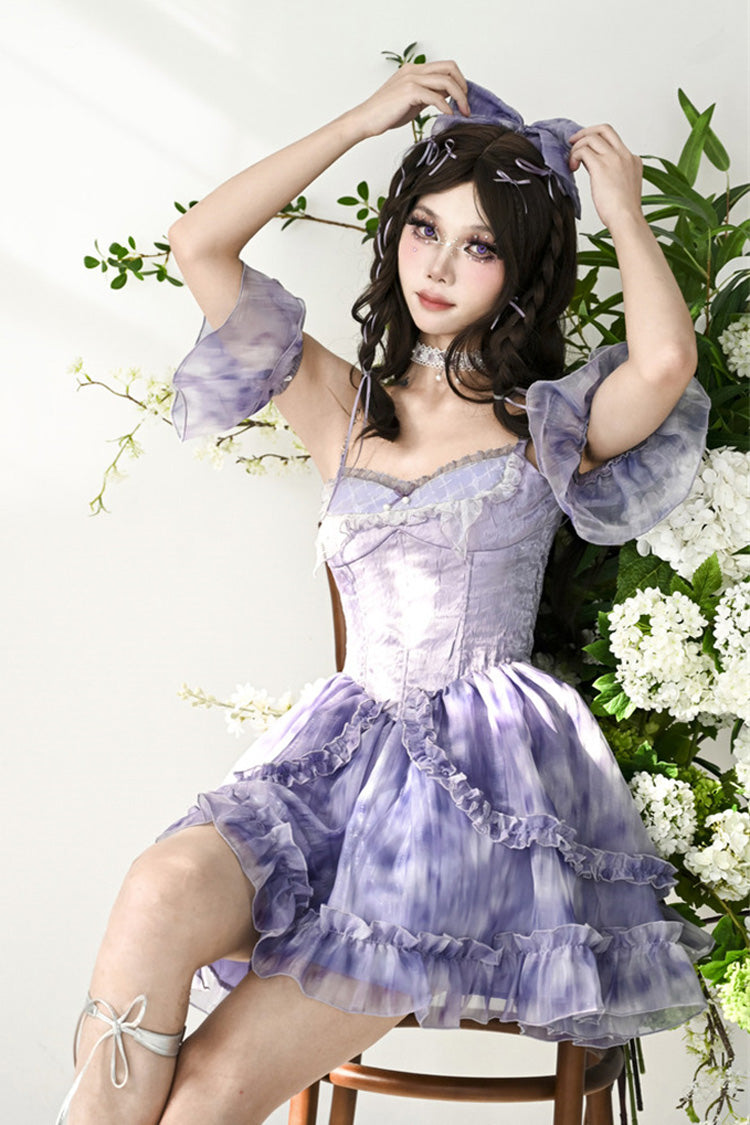 Blue Ruffle Lace Tie-dyed Print Fake Two Pieces Sweet Princess Jsk Dress - Product - 3