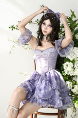 Blue Ruffle Lace Tie-dyed Print Fake Two Pieces Sweet Princess Jsk Dress - Product - 3