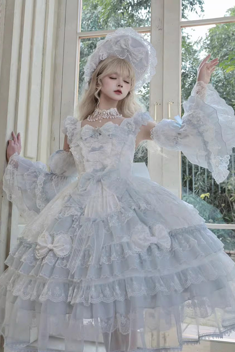 Blue [Prelude of Spring] Sleeveless Multi-Layered Ruffled Bow Lace Sweet Princess Lolita Jsk Dress - Product - 4