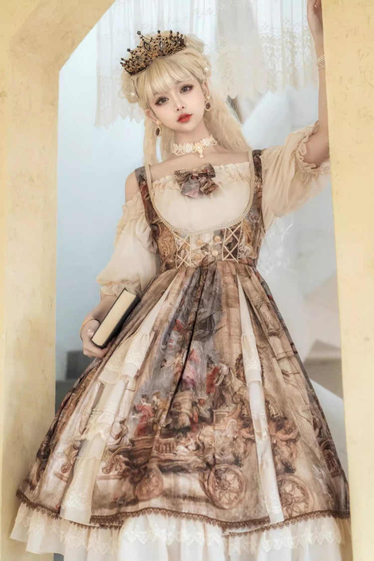 Brown [Cloria] Oil Painting Print Bowknot Lace Sweet Elegant Palace Lolita Jsk Dress - Product - 2