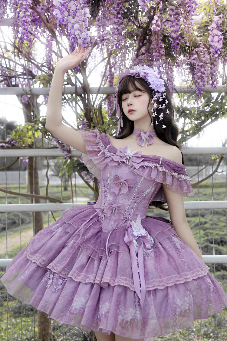 Purple [Wisteria Wonderland] Double-Layered Bow Lace-Up Sweet Elegant Princess Ballet Lolita Jsk Dress - Product - 3