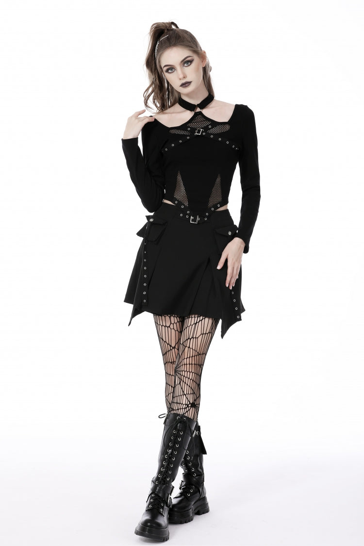 Black Halterneck Long Sleeves Eyelet Mesh Splice Women's Punk Crop Top - Product - 8