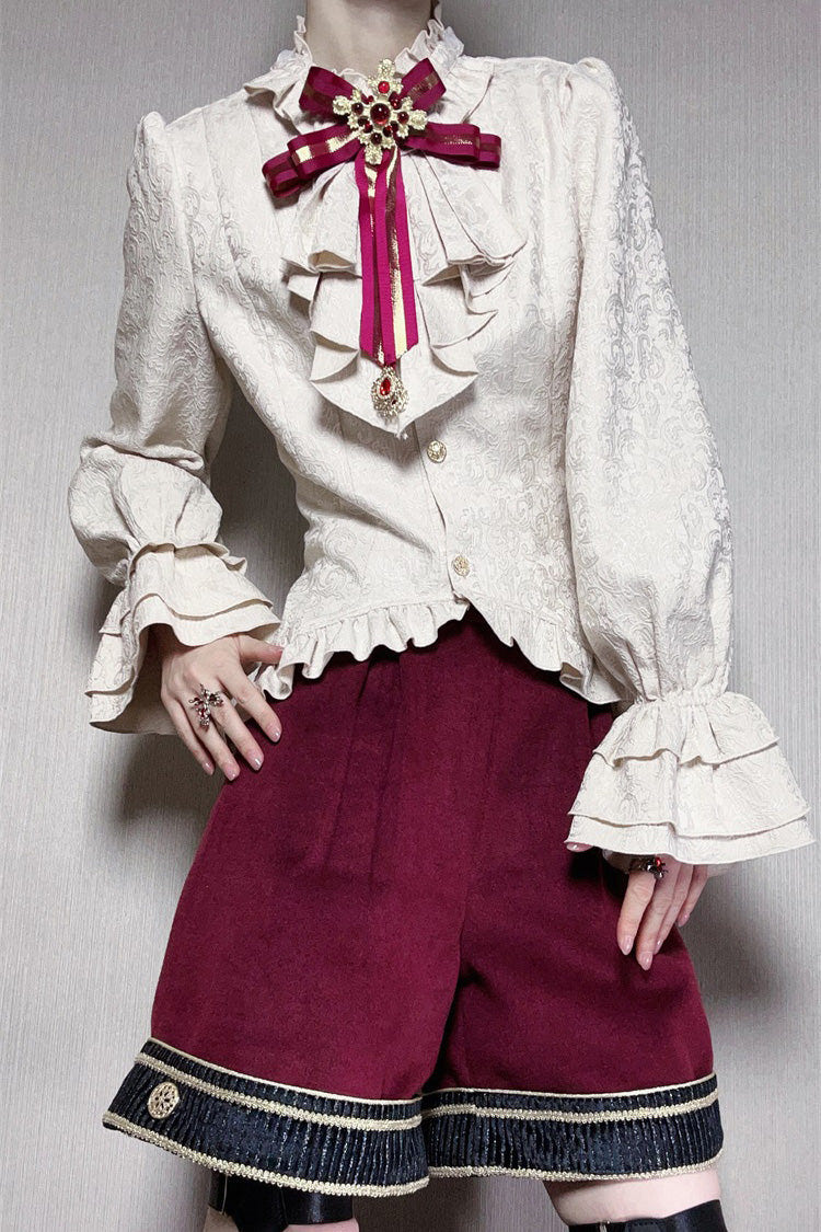 Red [Royal Heir] Embroidery Classic Military Gorgeous Handsome Ouji Lolita Coat Blouse Shorts Set - Product - 11