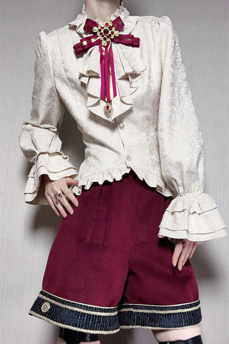 Red [Royal Heir] Embroidery Classic Military Gorgeous Handsome Ouji Lolita Coat Blouse Shorts Set - Product - 11