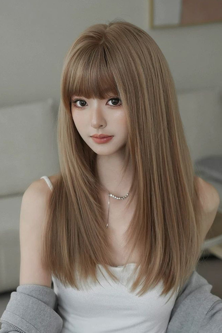 Korean Daily Sweet Style Flaxen Brown Long Layered Straight Lolita Wig with Airy Full Bangs - Product - 5