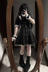 Black [Angel Creed] Short Sleeves Ruffle Bowknot Stitching Lace Gothic Plus Size Japanese College Style Jirai Kei Dress - Product - 5