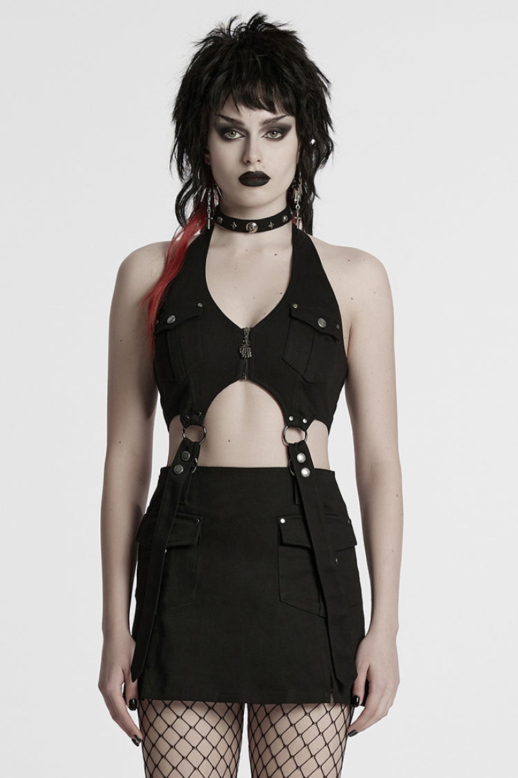 Black Halterneck Women's Punk Tank Top with Skirt Set - Black - 1