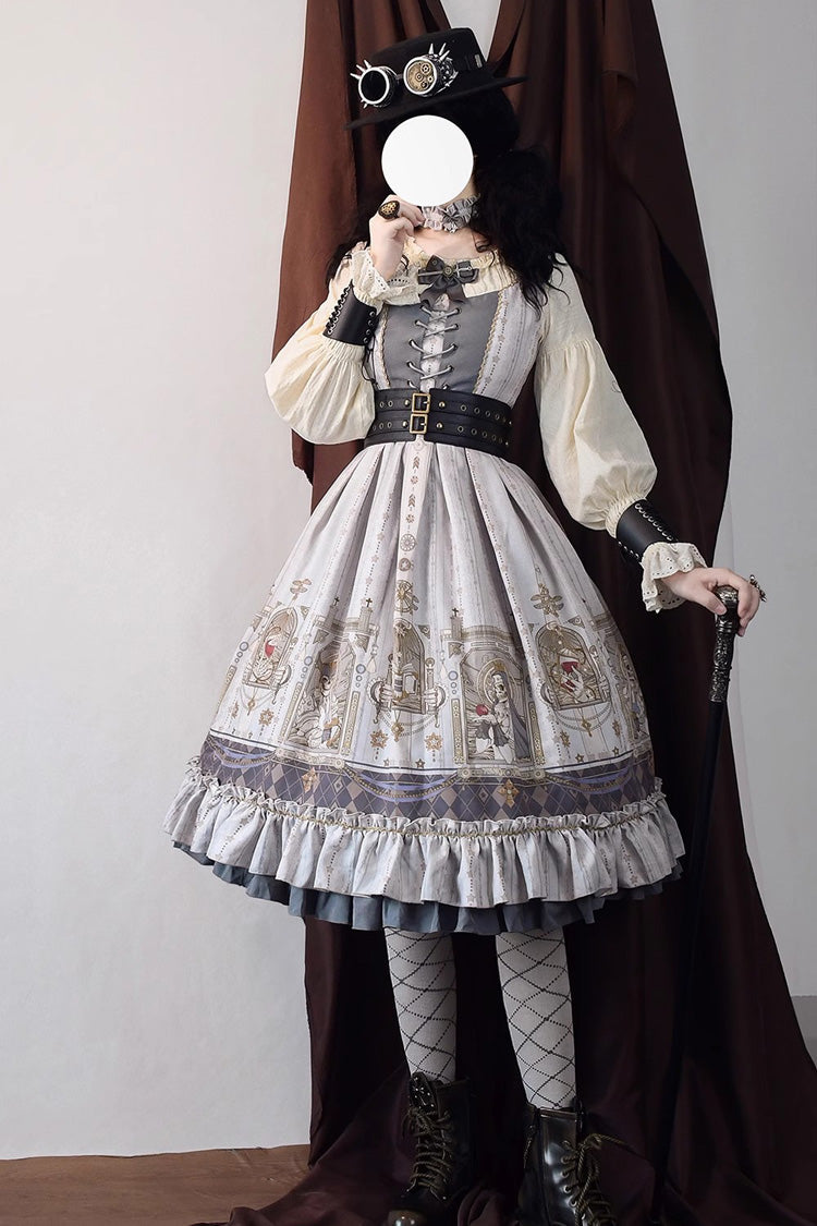 Demon Hunting Notes Long Lantern Sleeves Print Ruffle Sweet Elegant Lolita Dress 2 Colors - Product - 13