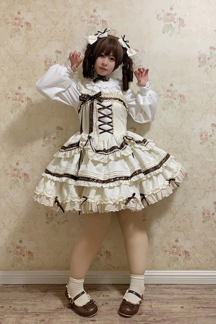 Ivory Chocolate Sleeveless Double-Layered Ruffle Bowknot Sweet Plus Size Lolita Jsk Dress - Product - 7