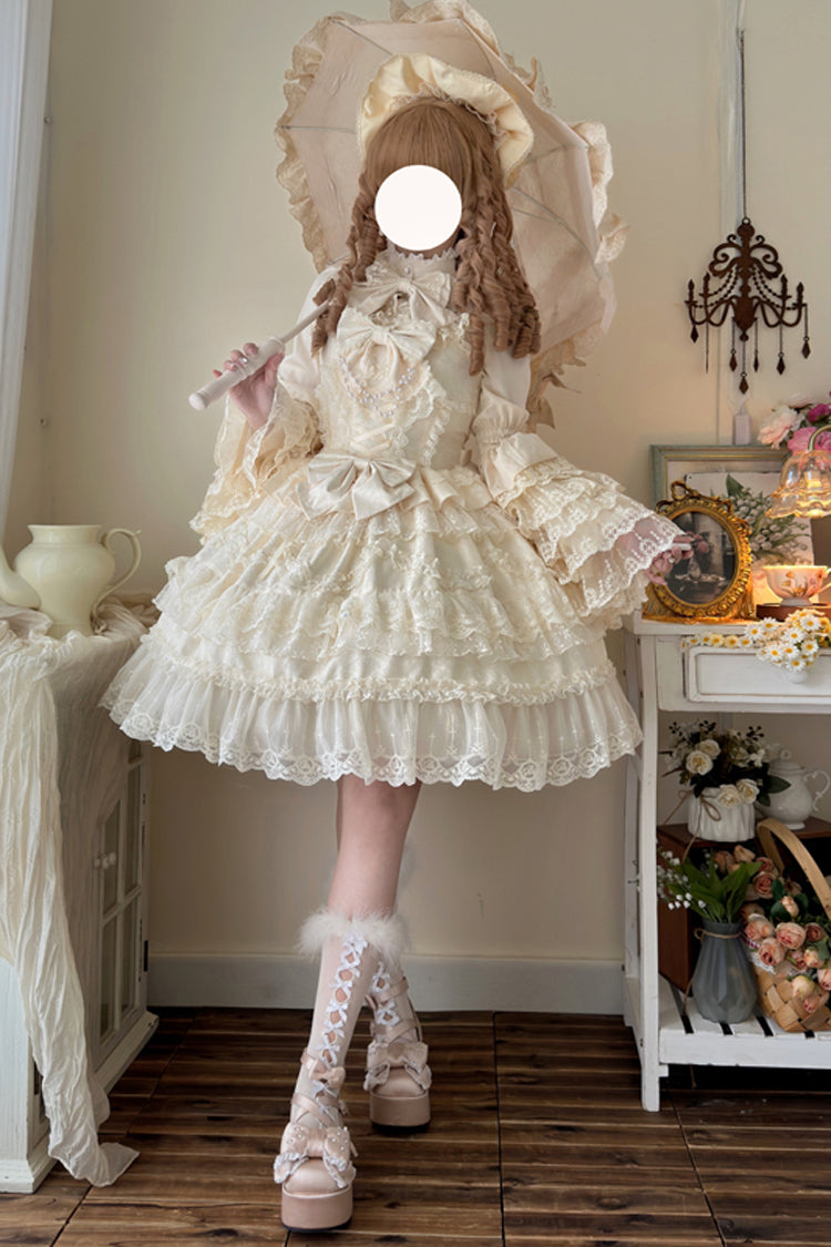 Apricot [Love and Heart Flutter] Sleeveless Multi-Layered Ruffle Bowknot Lace Pearl Sweet Lolita Jsk Dress - Product - 3