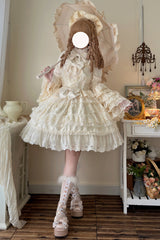 Apricot [Love and Heart Flutter] Sleeveless Multi-Layered Ruffle Bowknot Lace Pearl Sweet Lolita Jsk Dress - Product - 3