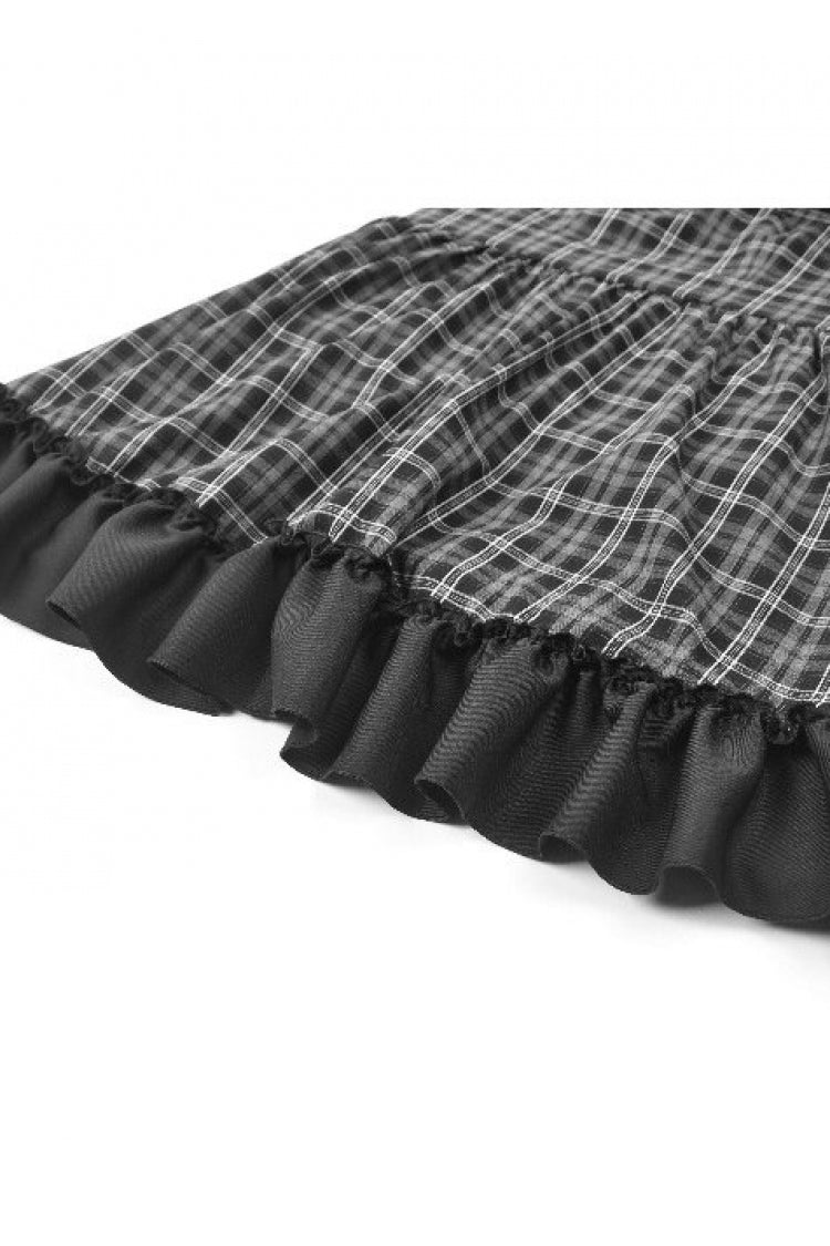 Black/White Plaid Stand Collar Short Puff Sleeves Ruffled  Lace Lace-Up Women's Lolita Gothic Dress - Product - 17