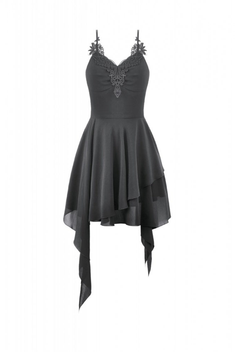 Black V Collar Lace Embroidered Asymmetric Women's Gothic Slip Dress - Product - 3