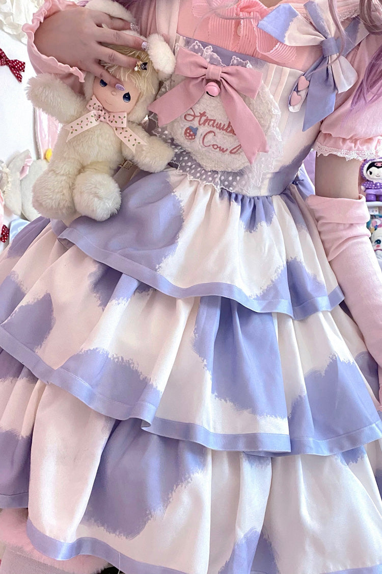 Blue Sleeveless Triple-Layered Cow Print Ruffle Bowknot Sweet (Dress Only) detail view 3