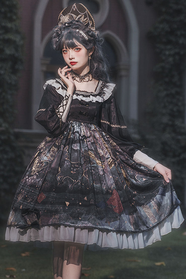 Black Long Sleeves Mist Print Classic Lolita OP Dress - Product - 5