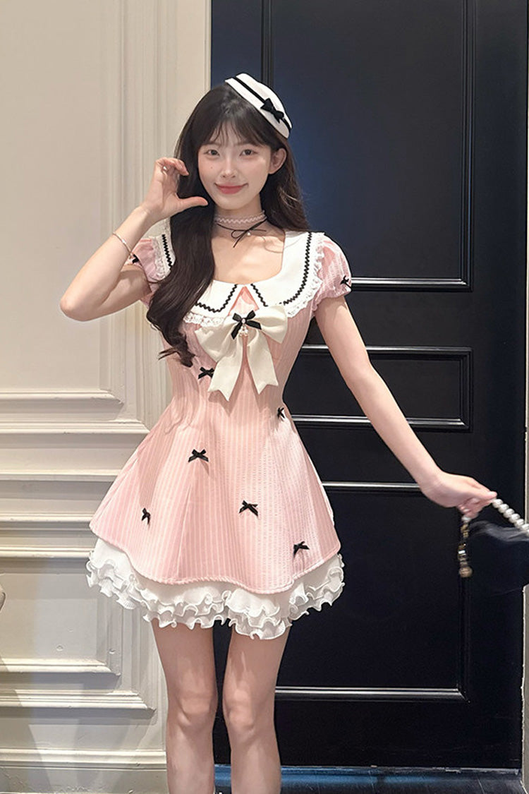 Pink [Peach Dream] Doll Collar Short Puff Sleeves Vertical Stripe Printed Ruffled Bow College Style Sweet Lolita Dress - Pink - 1