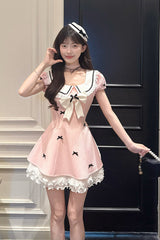 Pink [Peach Dream] Doll Collar Short Puff Sleeves Vertical Stripe Printed Ruffled Bow College Style Sweet Lolita Dress - Pink - 1