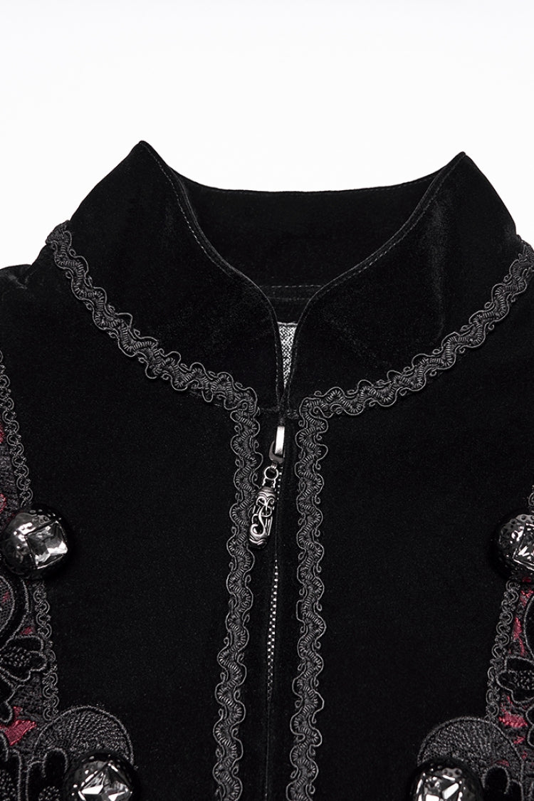 Black/Red Stand Collar Long Sleeves Floral Jacquard Bouble-breasted Zipper Men's Gothic Coat - Product - 5
