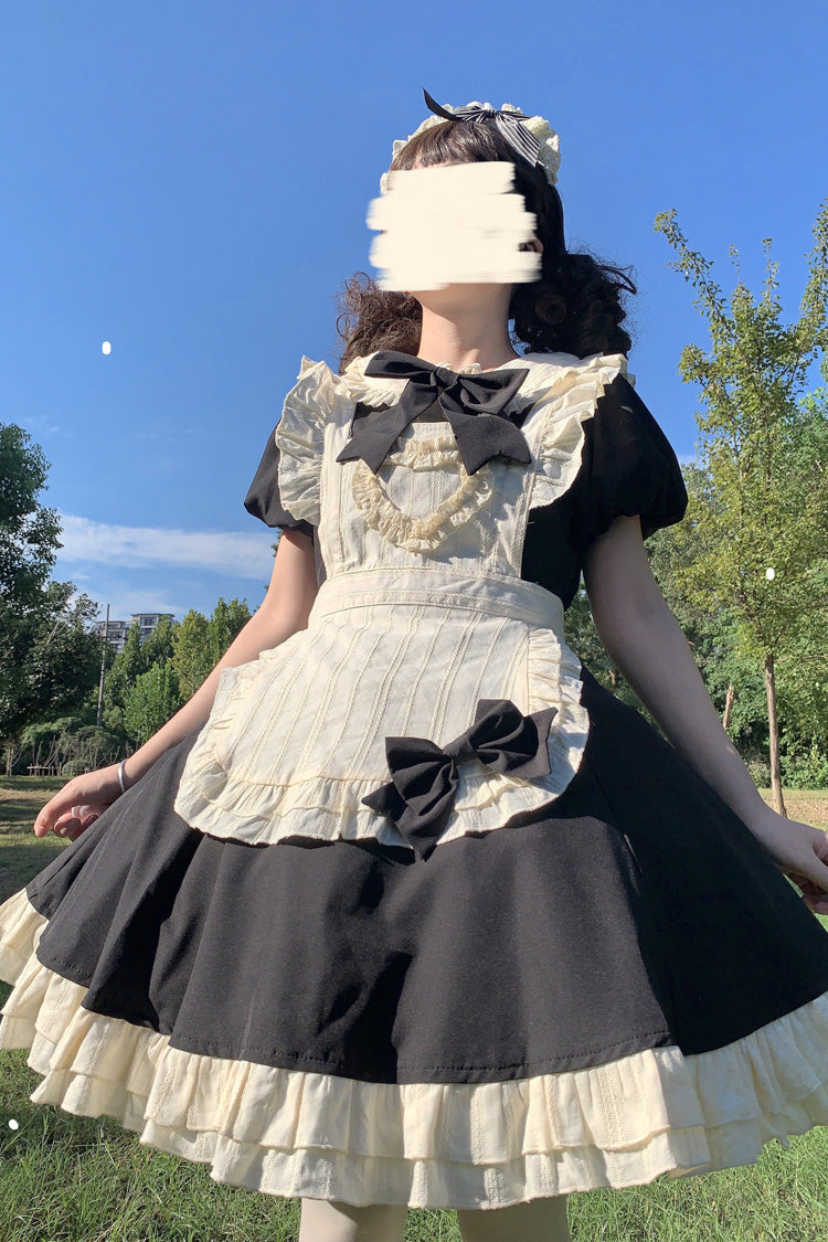 Black/White Maid Long Sleeves Ruffle Bowknot Stitching Sweet Short Lolita Dress - Product - 6
