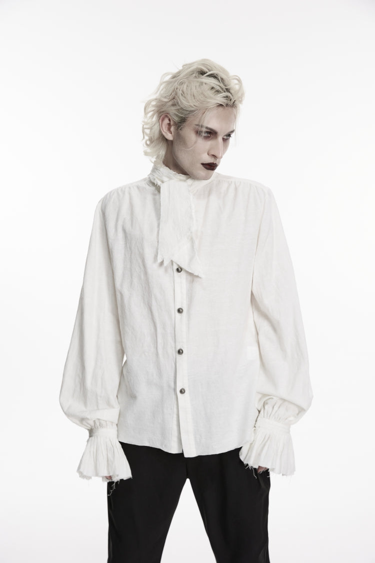 White Stand Collar Long Puff Sleeves Jacquard Detachable Tie Men's Gorgeous Shirt - Product - 8