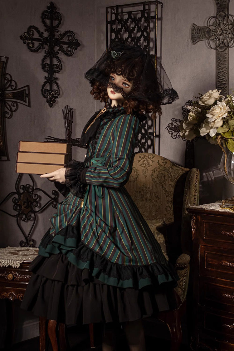 Point Manor Stand Collar Long Sleeves Multi-layer Striped Print Ruffle Gothic Lolita Dress 4 Colors - Product - 5