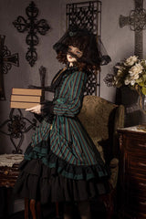 Point Manor Stand Collar Long Sleeves Multi-layer Striped Print Ruffle Gothic Lolita Dress 4 Colors - Product - 5
