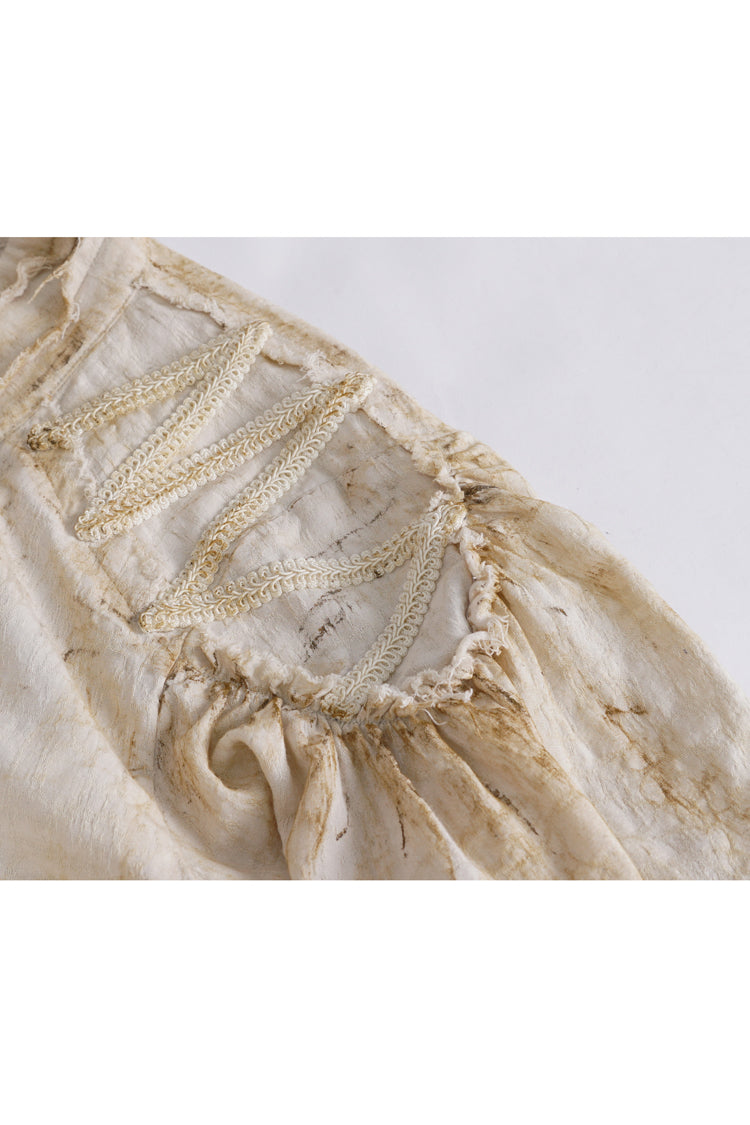 Beige Stand Collar Lantern Sleeves Print Lace Women's Punk Blouse - Product - 9