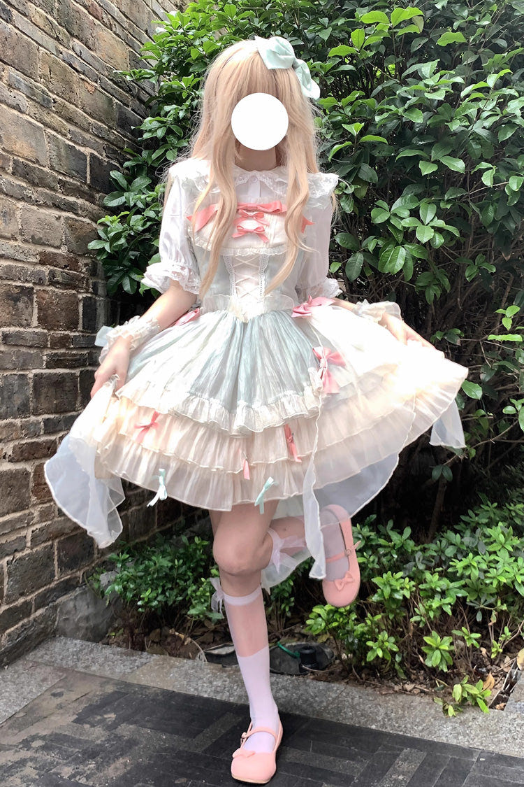 Green [Camellia Love] Sleeveless Triple-Layered Ruffle Bowknot Lace Sweet Princess Lolita Jsk Dress - Green - 1