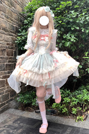 Green Camellia Love Sleeveless Triple-Layered Ruffle Bowknot Lace Sweet Princess (Dress Only) front view