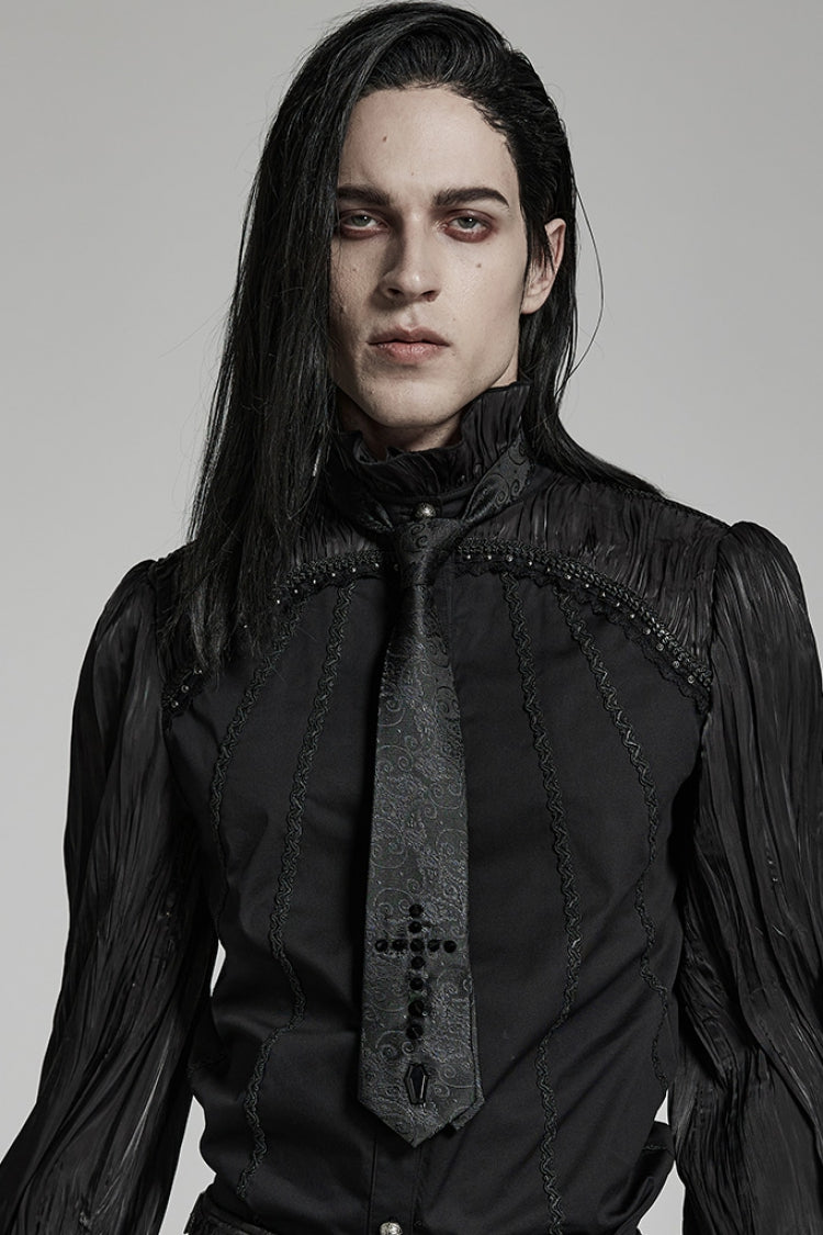 Black Cross Spike Print Embroidery Men's Gothic Tie - Product - 2