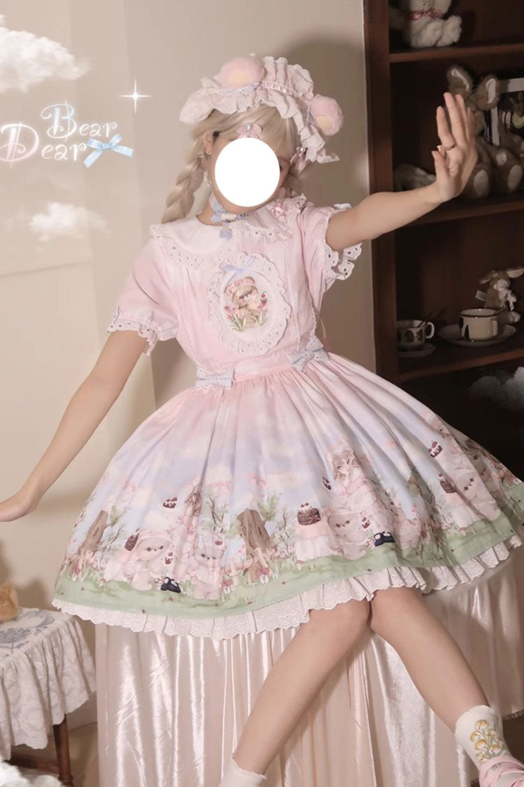 Multi-Color Neverland Manor Spring Bear Print Ruffle Bowknot Sweet Lolita Dress - Multi-Color - 1