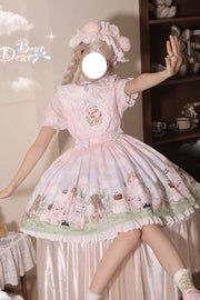Multi-Color Neverland Manor Spring Bear Print Ruffle Bowknot Sweet (Dress Only) front view