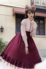 Rose Embroidery Long Sleeves Ruffle Bowknot Fake Two Pieces Elegant Lolita Dress 2 Colors - Product - 17