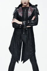 Black Punk Burnt Out Applique Hooded Womens Leather Coat - Black - 1