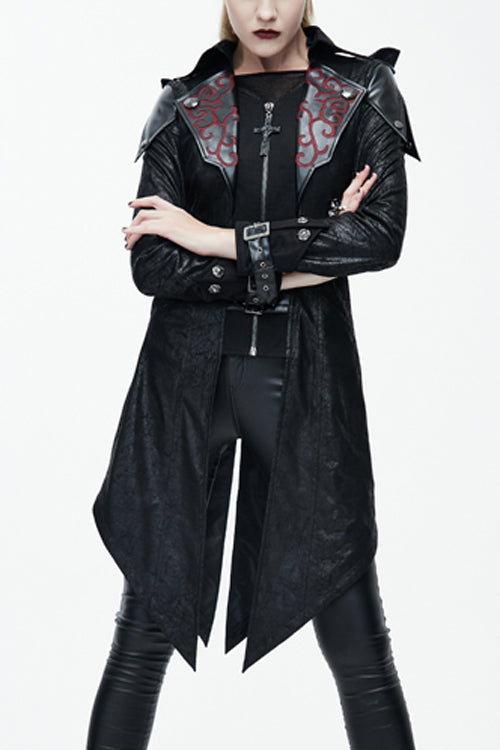 Black Punk Burnt Out Applique Hooded Womens Leather Coat - Black - 1