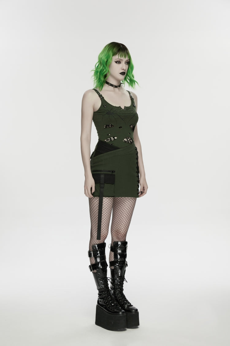 Black/Green Off Shoulder Slim Ripped Buckled Women's Punk Spiders&Web Printed  Vest - Product - 2