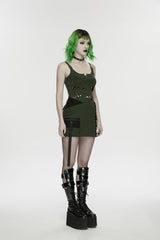 Black/Green Off Shoulder Slim Ripped Buckled Women's Punk Spiders&Web Printed  Vest - Product - 2