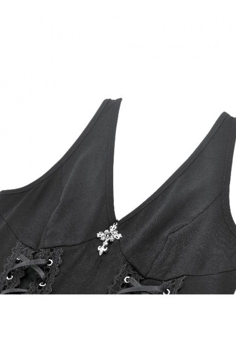Black Cross Plunging Sleeveless Side Corset Lace-Up Women's Gothic Short Dress - Product - 13