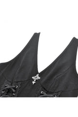 Black Cross Plunging Sleeveless Side Corset Lace-Up Women's Gothic Short Dress - Product - 13