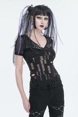 Black V Neck Stretch Destroyed Faux Leather Metal Ring Women's Punk T-Shirt - Product - 2