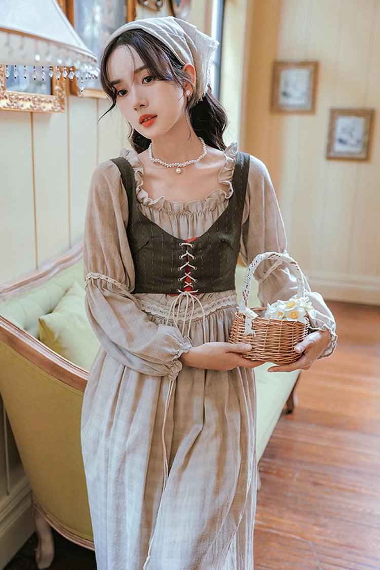 Khaki French Style Round Collar Long Sleeves Printed Classic Vintage Lolita Dress - Product - 8