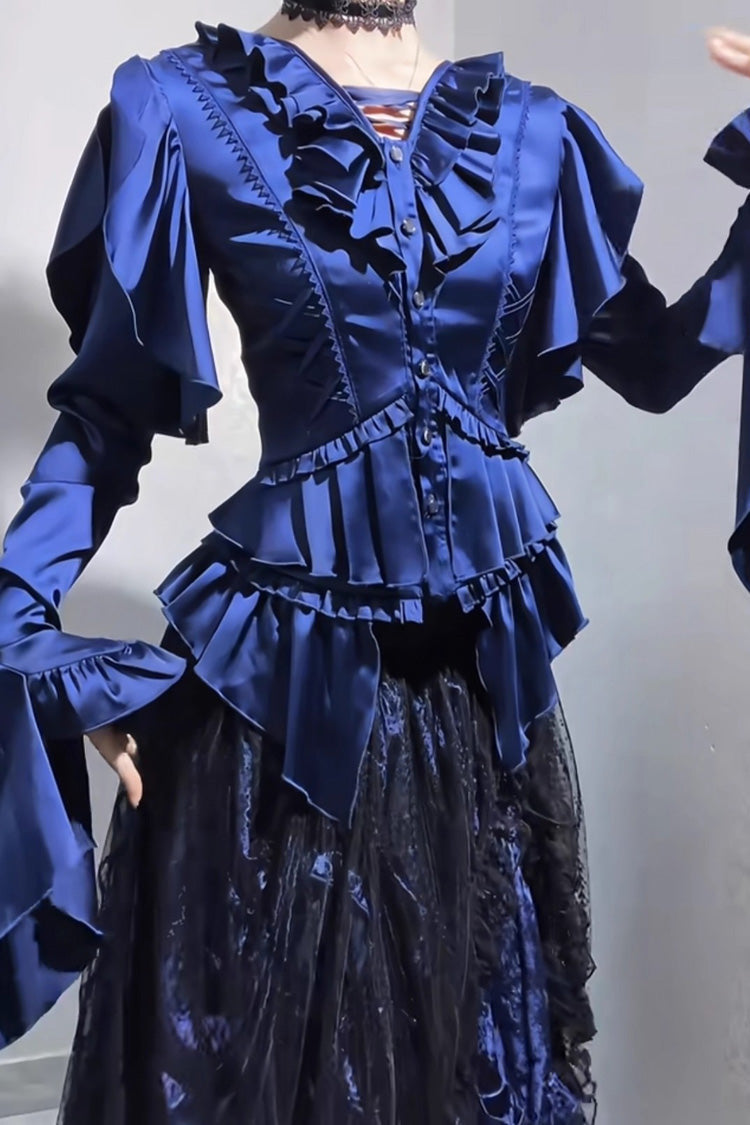[Echoes of the Deep Sea] Long Hime Sleeves Ruffled Bow Lace-Up Gothic Ouji Lolita Blouse 4 Colors - Product - 5