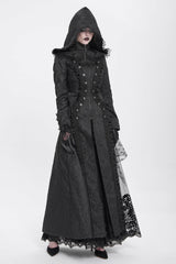Black Stand Collar Long Sleeves Ruffle Hooded Women's Gothic Long Coat - Product - 8