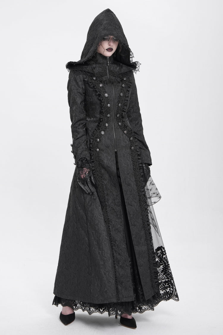 Black Stand Collar Long Sleeves Ruffle Hooded Women's Gothic Long Coat - Product - 8
