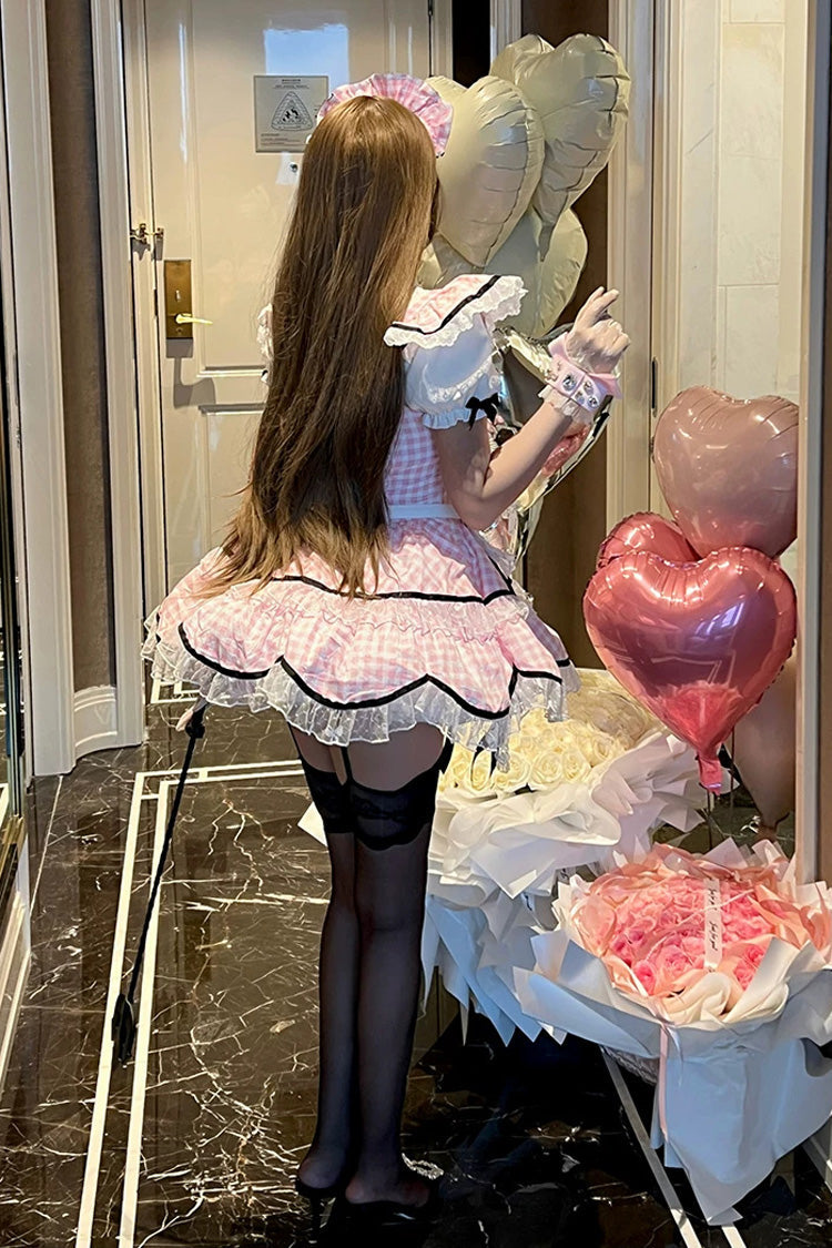Pink [Girlish Plaid] Square Collar Short Sleeves Double-Layered Printed Ruffled Bow Lace Maid Sweet Lolita Dress - Product - 8